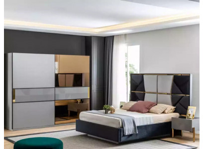 Perfektes Schlafzimmermöbel-Set in Grautönen mit goldenen Intarsien