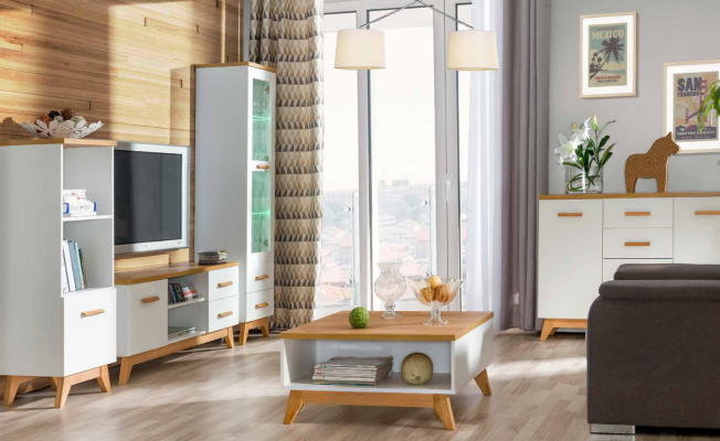 Wohnwand Wohnzimmer-Set Vitrine Lowboard Wandregal TV Tisch 5 tlgs