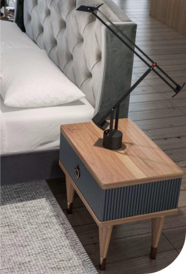 Graue Schlafzimmer Garnitur Luxus Set Doppelbett 2x Nachttische Kommode