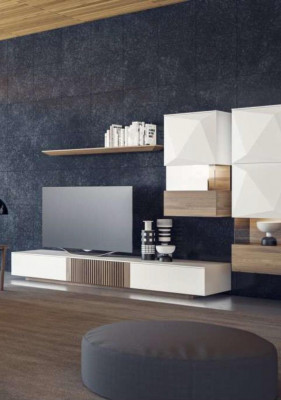 Luxus Walnuss natur Moderne Weiße Wohnwand TV-Ständer Sideboard Wandregale