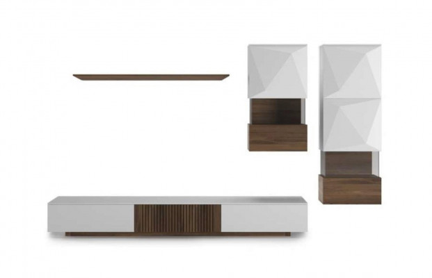 Luxus Walnuss natur Moderne Weiße Wohnwand TV-Ständer Sideboard Wandregale