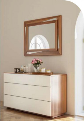 Weiß-Braunes Schlafzimmer Set Luxus Holzmöbel Bett Nachttische Kommode