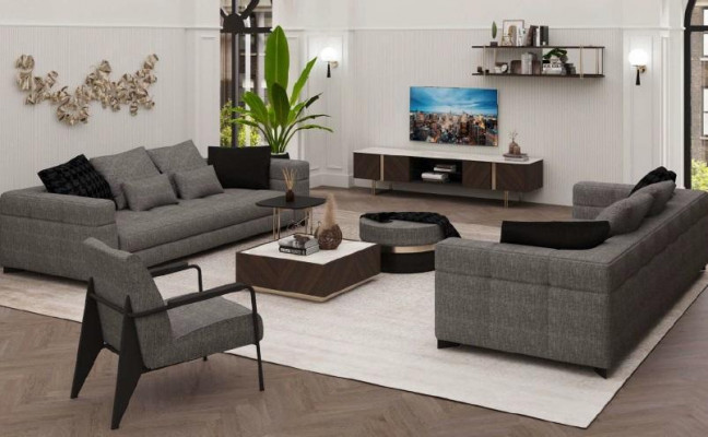 Graues Sofa Dreisitzer Wohnzimmer Sitzmöbel Holzgestell Sofakollektion