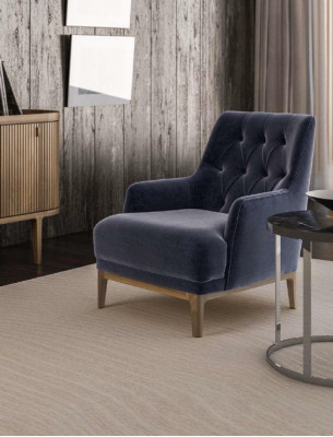 Blauer Exklusiver Chesterfield Sessel Wohnzimmer Einsitzer Holzgestell