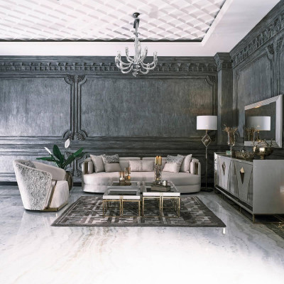 Luxus Garnitur Stoffsofa Sessel Wohnzimmer Couchtische Set 7tlg Grau