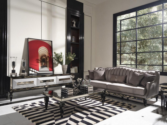 Garnitur Sofa 4 Sitzer Stoffsofa Couchtisch Grau TV Ständer Set 3tlg