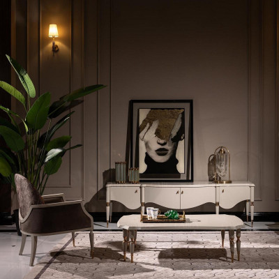 Set Wohnzimmer Sessel Stoff Couchtisch RTV Lowboard 3tlg Beige Holz