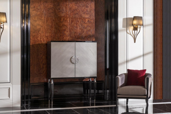 Garnitur Sessel Barschrank Grau Stoff Ohrensessel Bar Wohnzimmer Set