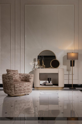 Garnitur Wohnzimmer Sessel Kommode Spiegel Beige Stoff Holz Relax 3tlg