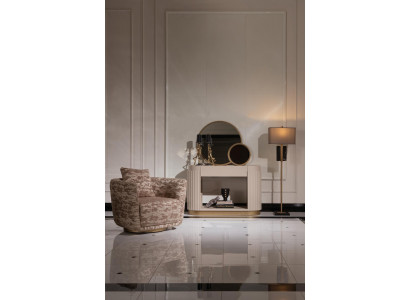 Garnitur Wohnzimmer Sessel Kommode Spiegel Beige Stoff Holz Relax 3tlg