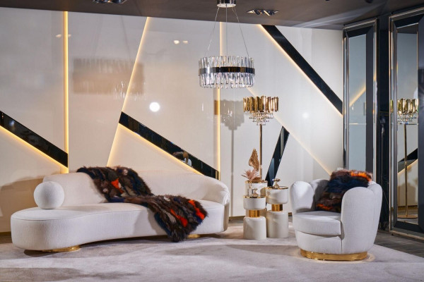 Luxuriöse Weiße Wohnzimmer Garnitur 3-Sitzer Sessel Runder Couchtisch