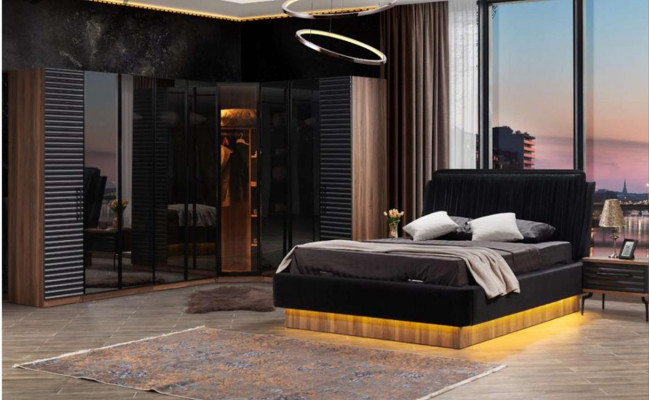 Braun-Schwarzes Schlafzimmer Set Komplette Garnitur Bett 2x Nachttische