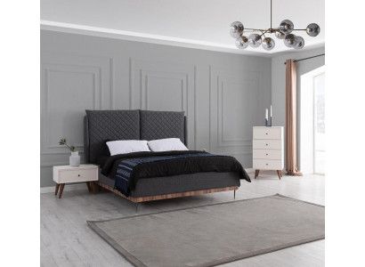 Schlafzimmer Garnitur Schwarzes Doppelbett Weiße 2x Holz Nachttische