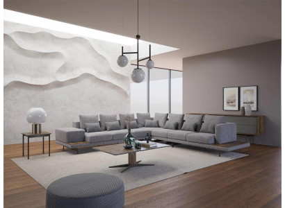 Wohnzimmer Set 3tlg Grau Ecksofa L-Form Holz Couchtisch Designer Beistelltisch