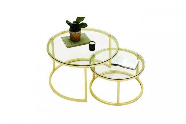  Couchtische 2 Teile Glas Tischplatte Metall goldfarbene Beine Wohnzimmermöbel