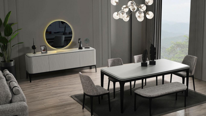  Esszimmer Set 8tlg.Esstisch 4x Stühle Spiegel Anrichte Bank Helles Farbe