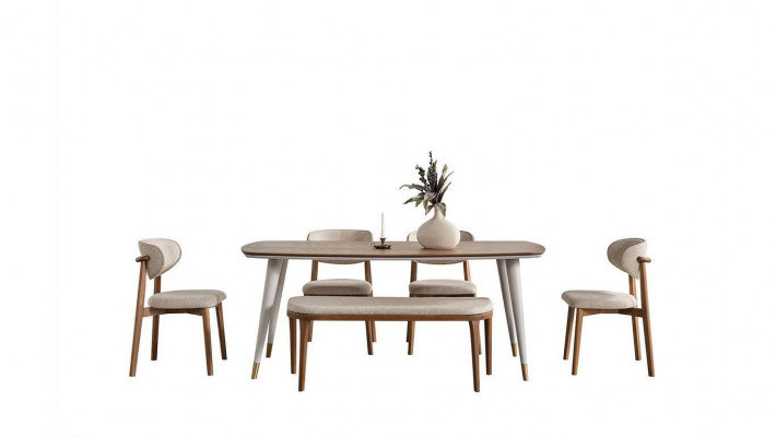  Chic Set Besteht aus Esstisch und 4x Stühle + Bank in Esszimmer beige