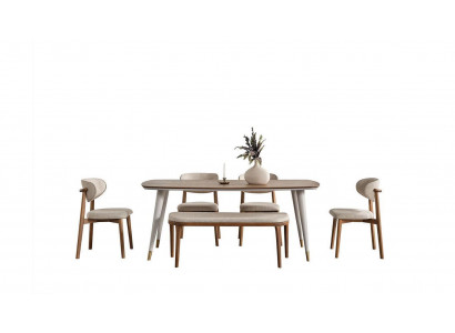  Chic Set Besteht aus Esstisch und 4x Stühle + Bank in Esszimmer beige