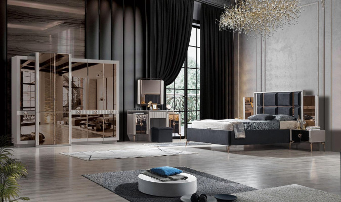  Modern Schlafzimmer Set Bett 2x Nachttischе Kleiderschrank Schminktisch