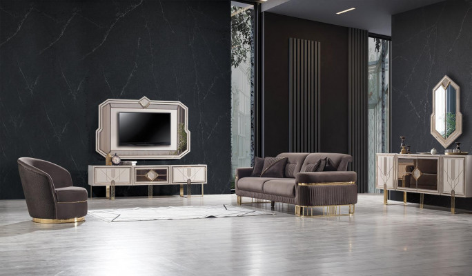  Luxus Wohnzimmer Set Modern Sofa 3 Sitzer Sessel RTV Lowboard+TV-Rahmen