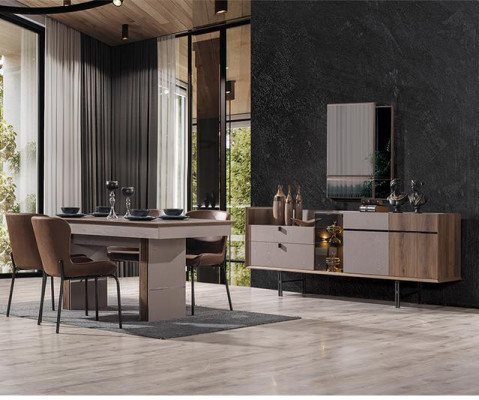  Modern Esszimmer Set Esstisch 4x Stühle und Anrichte mit Spiegel 7tlg