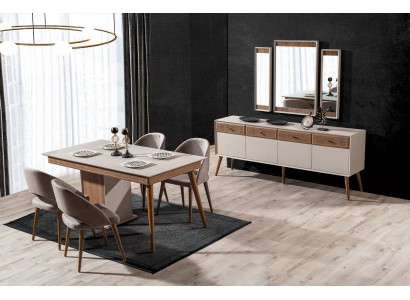  Design 9tlg.Esszimmer Set Esstisch und 4x Stühle Anrichte mit 3x Spiegel