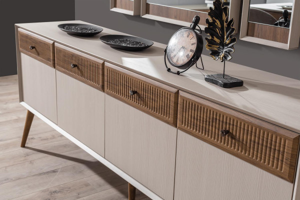  Design 9tlg.Esszimmer Set Esstisch und 4x Stühle Anrichte mit 3x Spiegel
