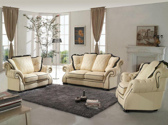 Klassische Couchgarnitur Sofa Polster Sitz Leder Garnitur 3+2+1 Sofas