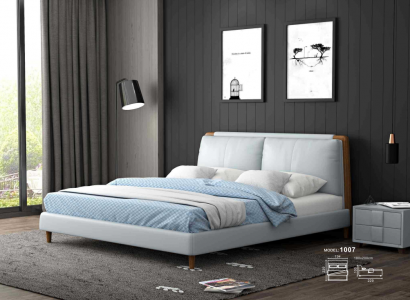 Moderne Doppelbett 180x200 in weißem Lederdesign auf Holzbeinen