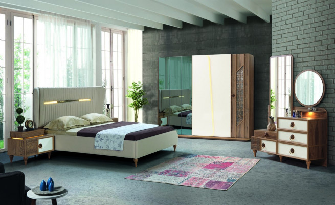 Schlafzimmer Set Bett 2x Nachttische 5tlg Design Textil Holz Kleiderschrank