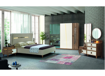 Schlafzimmer Set Bett 2x Nachttische 5tlg Design Textil Holz Kleiderschrank