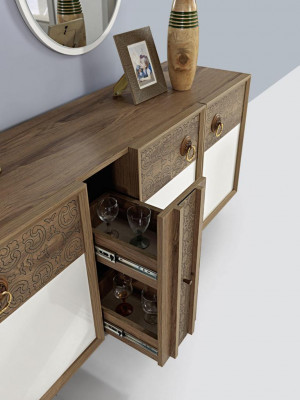 Esszimmer Set Tisch 4x Stühle Anrichte Set Garnitur Design Holz Textil