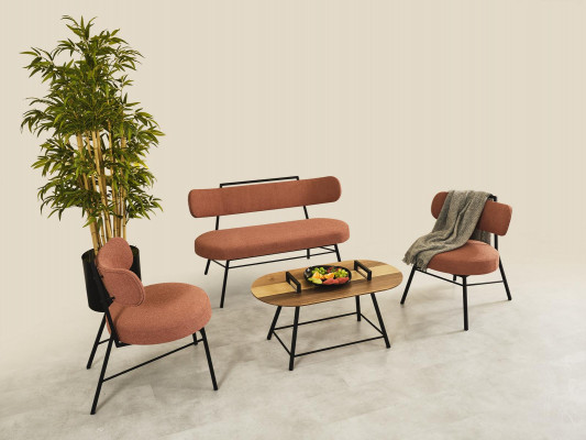 Set 4 tlg. Bank 2x Stühle Couchtisch Sitz Bank Textil Holz Designer