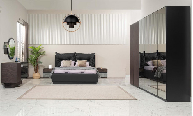 Doppelbett Garnitur Schlafzimmer Bett Nachttische Schwarz Set 6tlg