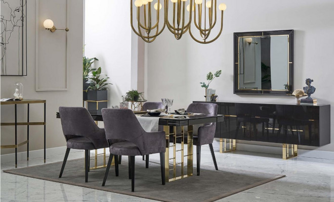 Luxus Essecke Esszimmer Essgruppe Esszimmermöbel Set 9tlg Holz Schwarz