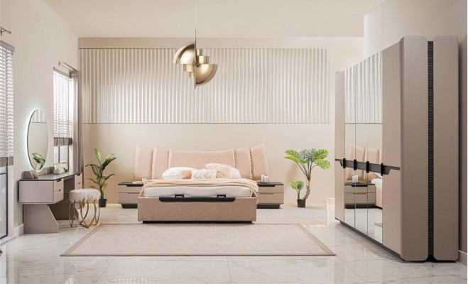 Komplette Schlafzimmer Doppelbett Modern Beige Bett Set 6tlg Schrank