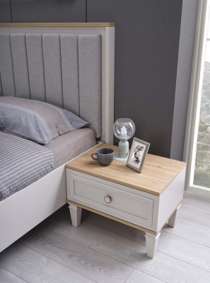 Garnitur Doppelbett Schlafzimmer Bett Nachttische Grau Holz Set 3tlg