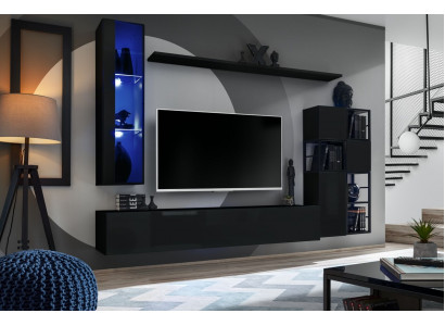 Garnitur Wohnzimmer Wohnwand 250 cm Schwarz Einrichtung Holzmöbel Wandschrank