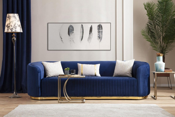 Edelstahl Dreisitzer Luxus Sofa Blau Wohnzimmermöbel Polstersofas Couchen