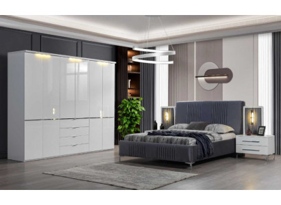 Weiß-Graue Schlafzimmer Möbel Textilbett Nachttisch Kleiderschrank 4tlg