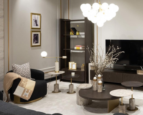 Großes Komplette Wohnzimmer Sessel Tische 7tlg Stoff Braun Holz Regale