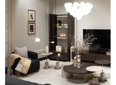 Großes Komplette Wohnzimmer Sessel Tische 7tlg Stoff Braun Holz Regale