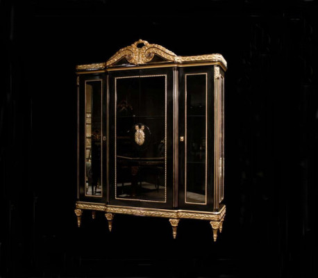 Schwarze Klassische Esszimmergarnitur Esstisch 4x Stühle Vitrine 7tlg