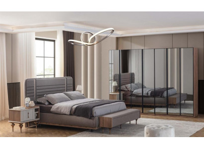 Moderne Schlafzimmer Möbel Garnitur Doppelbett Nachttische Glasschrank