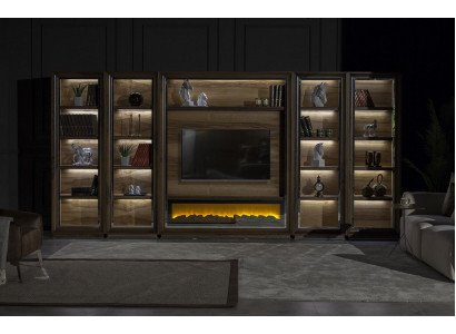 Luxus Wohnwände 448cm Schrank Wand Wohnwand mit Kamin Wohnzimmer Holz