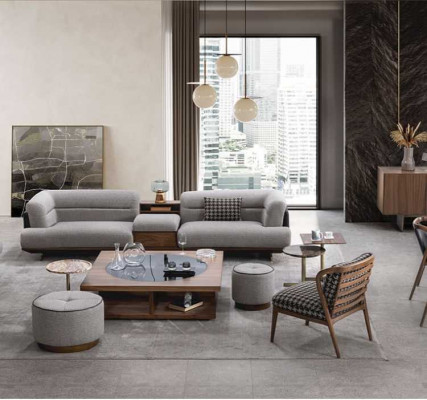 Luxus Wohnzimmer Set Grau Sofa mit Sessel 2x Hocker Modernen Design