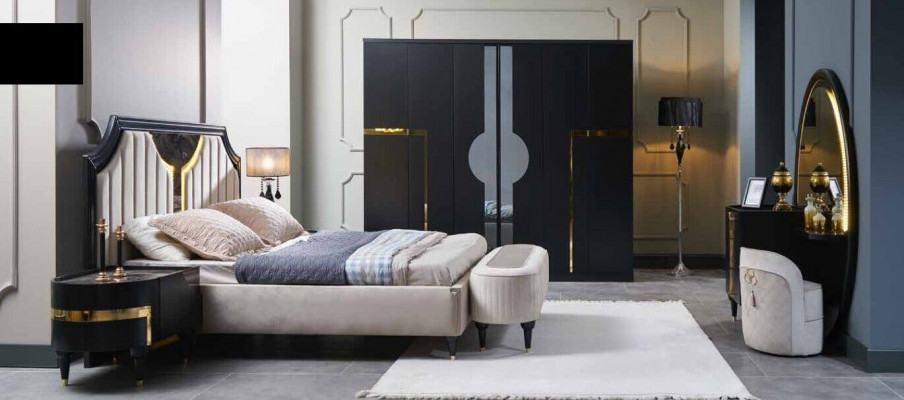 Schlafzimmer Bett Nachttisch Kleiderschrank Kommode Spiegel Hocker Schwarz 7tlg