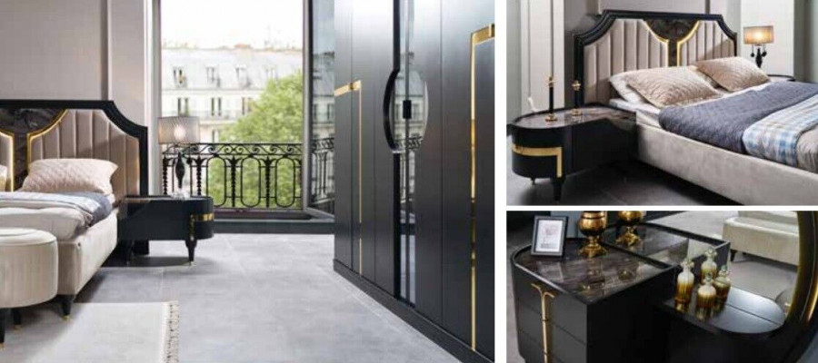 Schlafzimmer Bett Nachttisch Kleiderschrank Kommode Spiegel Hocker Schwarz 7tlg