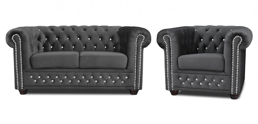 Chesterfield Textil Couch Polster 2Sitzer Stoff Sofas Couchen Zweisitzer Schwarz