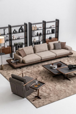 Braunes Textil Sofa Set Wohnzimmer Couche Dreisitzer Luxus Holzmöbel
